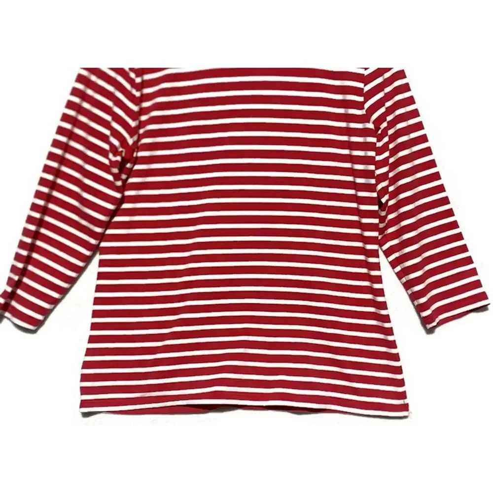 Michael Kors Red White Striped Top Women's Large 3/4 Sleeve Zip Front Blouse